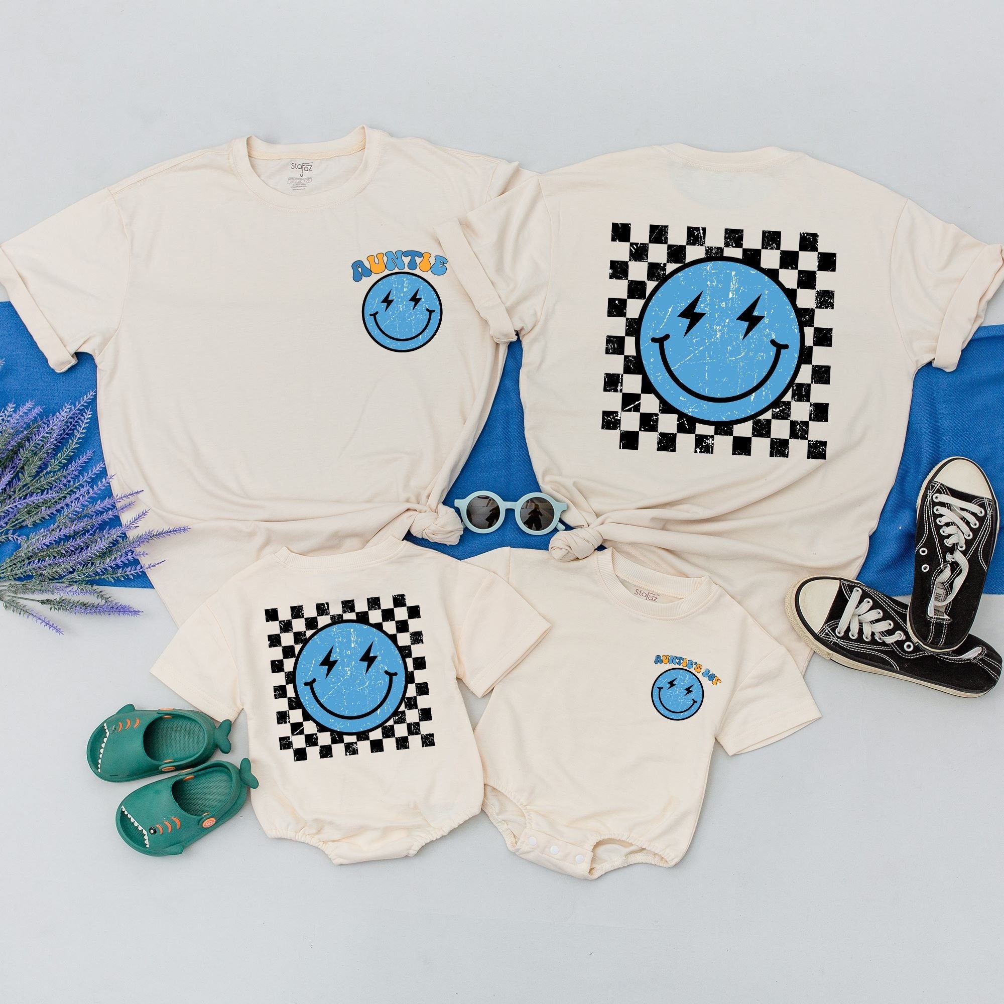 Personalized Auntie's Shirt with Blue Smiley Face and Checkered Pattern Fun Matching Family Cotton Outfit for Aunt Nephew Niece Gift
