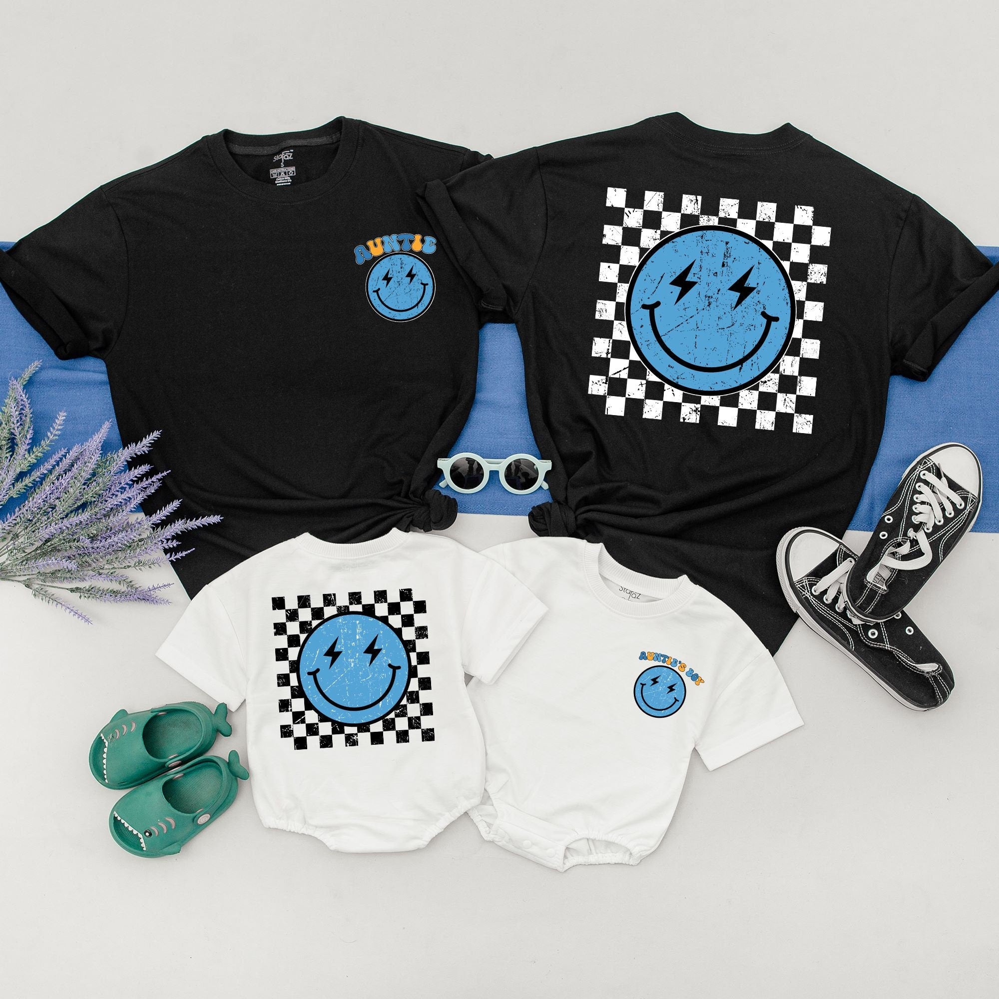 Personalized Auntie's Shirt with Blue Smiley Face and Checkered Pattern Fun Matching Family Cotton Outfit for Aunt Nephew Niece Gift