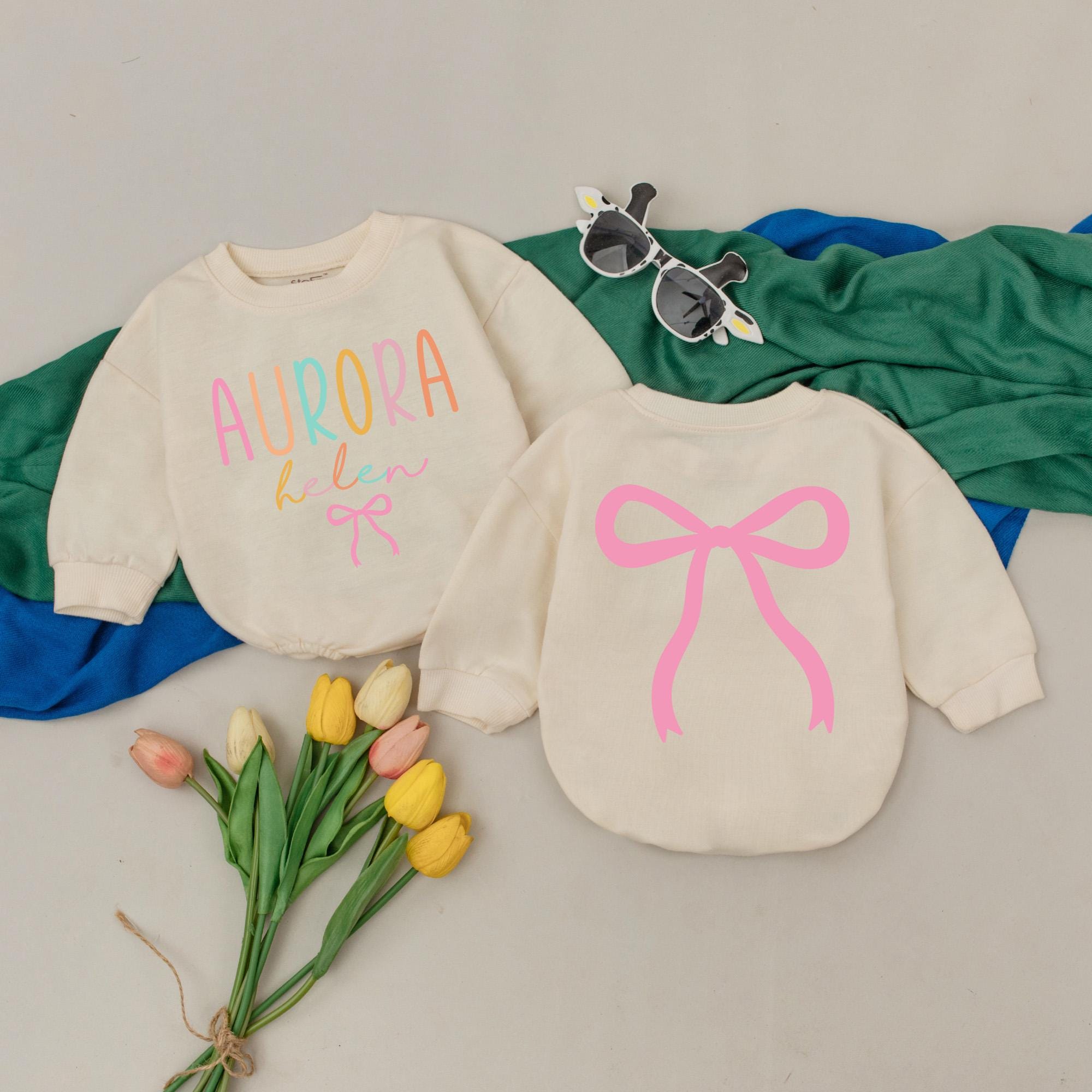 Personalized Aurora Baby Girl Romper with Pink Bow Design Birthday Outfit Soft Cotton Infant Gift