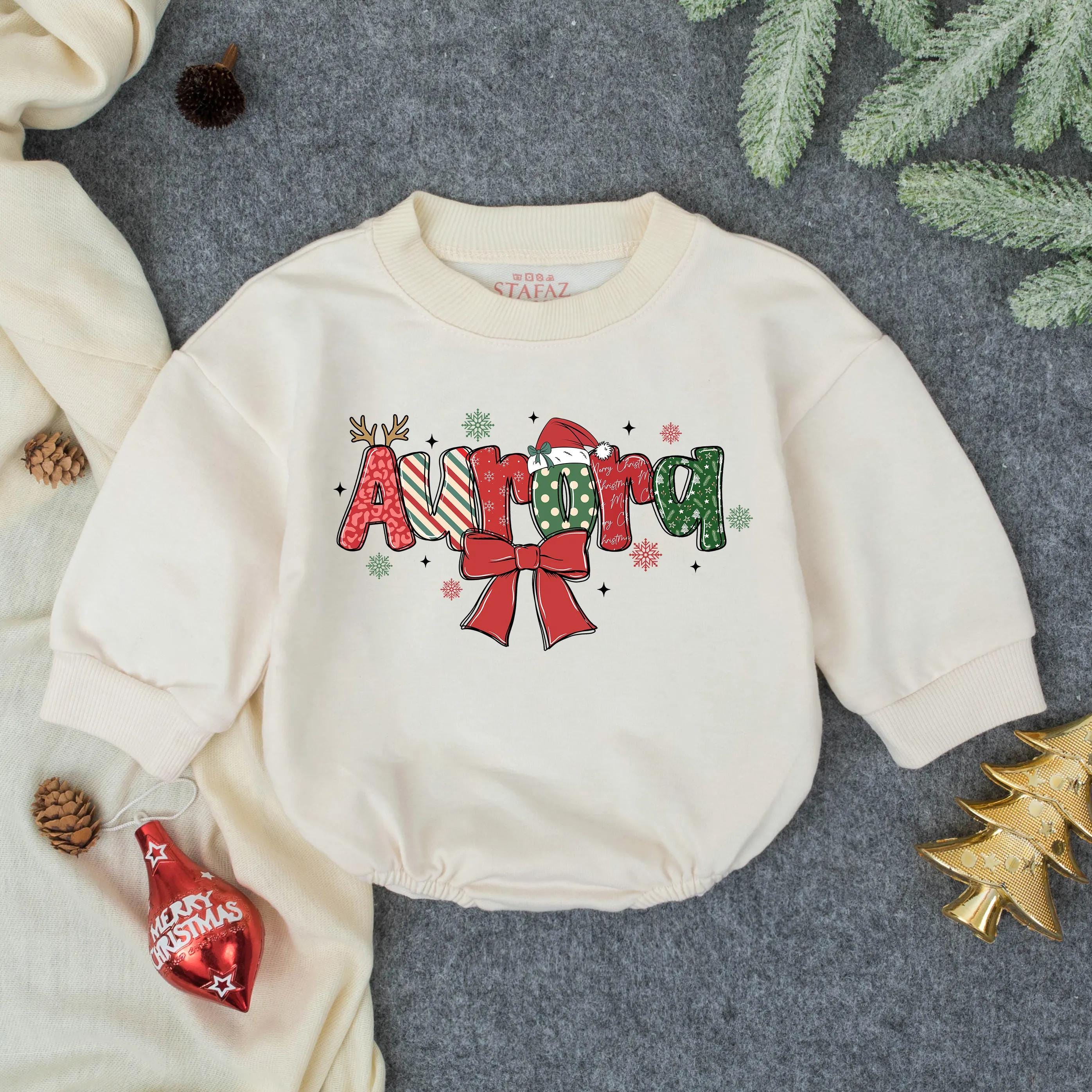 Personalized Aurora Christmas Baby Bodysuit Festive Infant Romper Holiday Outfit Red Green White Joyful Gift Occasion Baby Shower