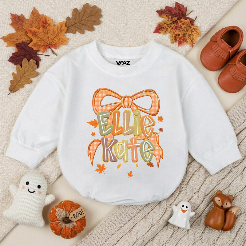 Personalized Autumn Baby Romper with Gingham Bow and Name Ellie Kate Fall Outfit Thanksgiving Baby Clothes Holiday Shower Gift
