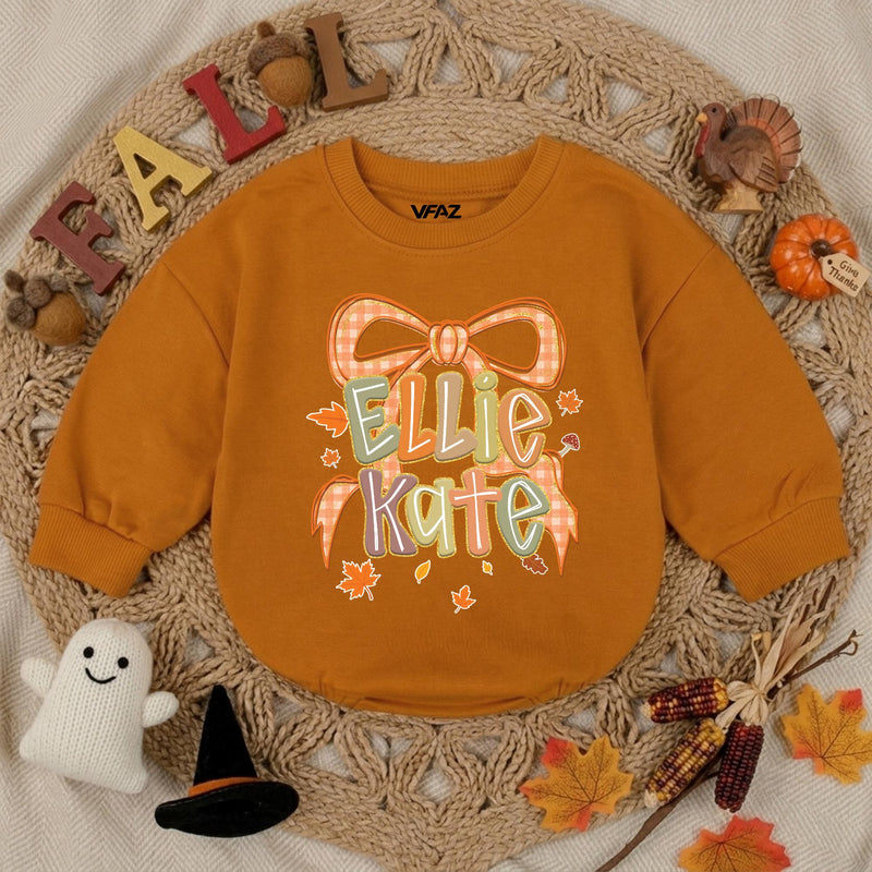 Personalized Autumn Baby Romper with Gingham Bow and Name Ellie Kate Fall Outfit Thanksgiving Baby Clothes Holiday Shower Gift