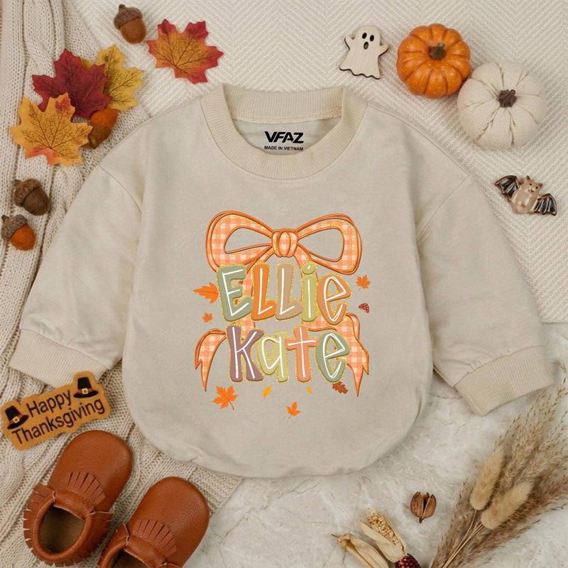 Personalized Autumn Baby Romper with Gingham Bow and Name Ellie Kate Fall Outfit Thanksgiving Baby Clothes Holiday Shower Gift