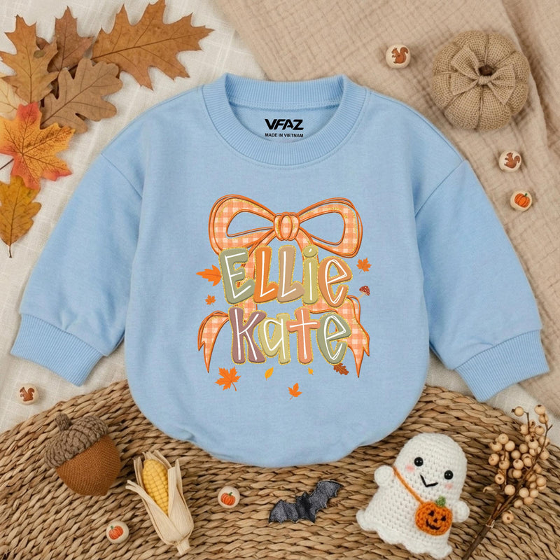 Personalized Autumn Baby Romper with Gingham Bow and Name Ellie Kate Fall Outfit Thanksgiving Baby Clothes Holiday Shower Gift