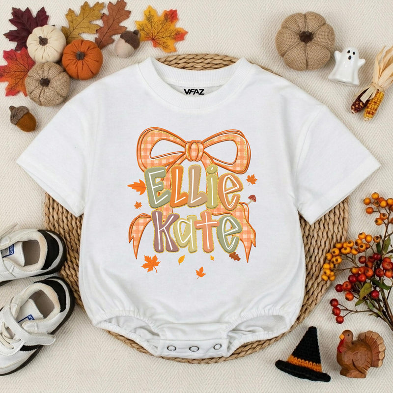 Personalized Autumn Baby Romper with Gingham Bow and Name Ellie Kate Fall Outfit Thanksgiving Baby Clothes Holiday Shower Gift