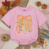 Personalized Autumn Baby Romper with Gingham Bow and Name Ellie Kate Fall Outfit Thanksgiving Baby Clothes Holiday Shower Gift