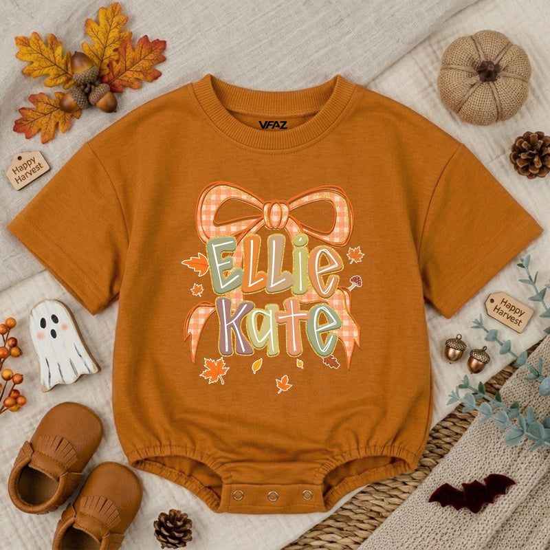 Personalized Autumn Baby Romper with Gingham Bow and Name Ellie Kate Fall Outfit Thanksgiving Baby Clothes Holiday Shower Gift