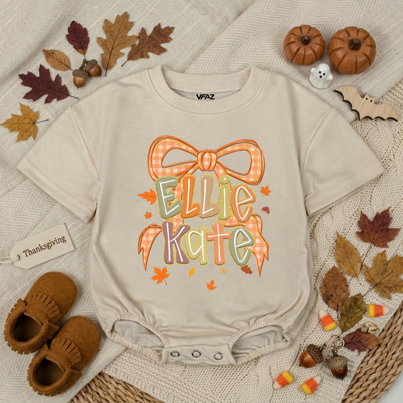 Personalized Autumn Baby Romper with Gingham Bow and Name Ellie Kate Fall Outfit Thanksgiving Baby Clothes Holiday Shower Gift