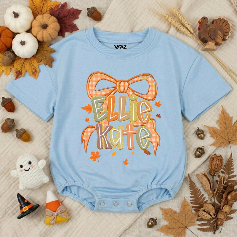 Personalized Autumn Baby Romper with Gingham Bow and Name Ellie Kate Fall Outfit Thanksgiving Baby Clothes Holiday Shower Gift