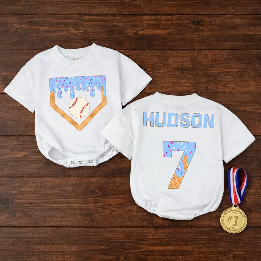 Personalized Baby Baseball Romper with Name and Number, Cute Ice Cream Drip Sports Outfit for Game Day, Soft Cotton Infant Bodysuit Gift
