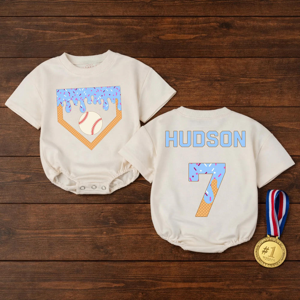 Personalized Baby Baseball Romper with Name and Number, Cute Ice Cream Drip Sports Outfit for Game Day, Soft Cotton Infant Bodysuit Gift