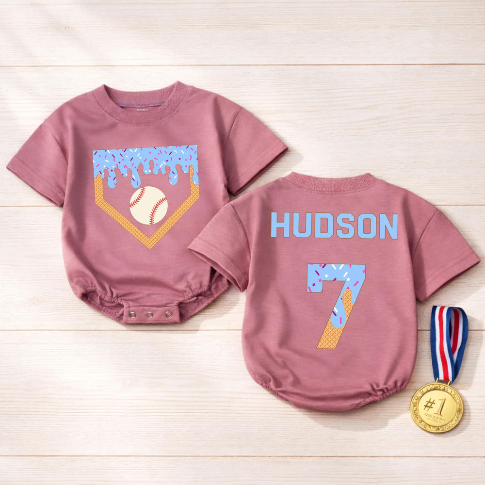 Personalized Baby Baseball Romper with Name and Number, Cute Ice Cream Drip Sports Outfit for Game Day, Soft Cotton Infant Bodysuit Gift