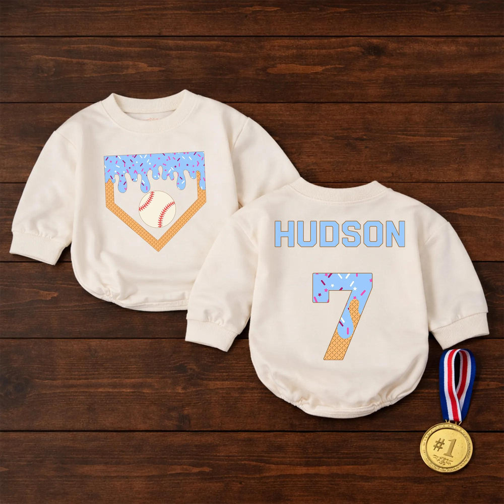 Personalized Baby Baseball Romper with Name and Number, Cute Ice Cream Drip Sports Outfit for Game Day, Soft Cotton Infant Bodysuit Gift