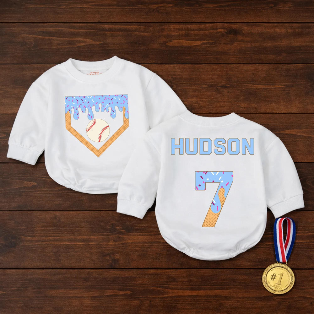 Personalized Baby Baseball Romper with Name and Number, Cute Ice Cream Drip Sports Outfit for Game Day, Soft Cotton Infant Bodysuit Gift
