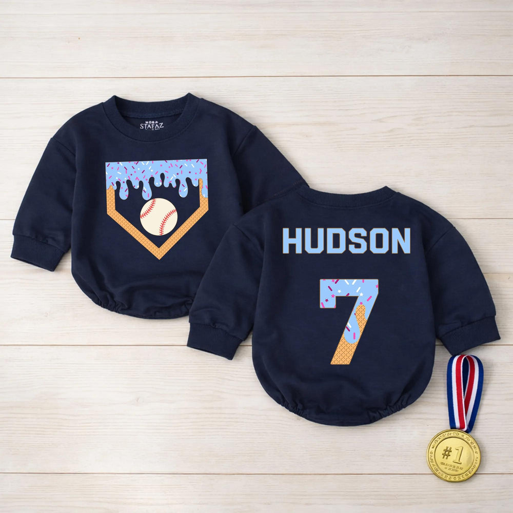 Personalized Baby Baseball Romper with Name and Number, Cute Ice Cream Drip Sports Outfit for Game Day, Soft Cotton Infant Bodysuit Gift