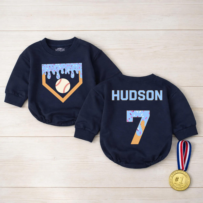 Personalized Baby Baseball Romper with Name and Number, Cute Ice Cream Drip Sports Outfit for Game Day, Soft Cotton Infant Bodysuit Gift
