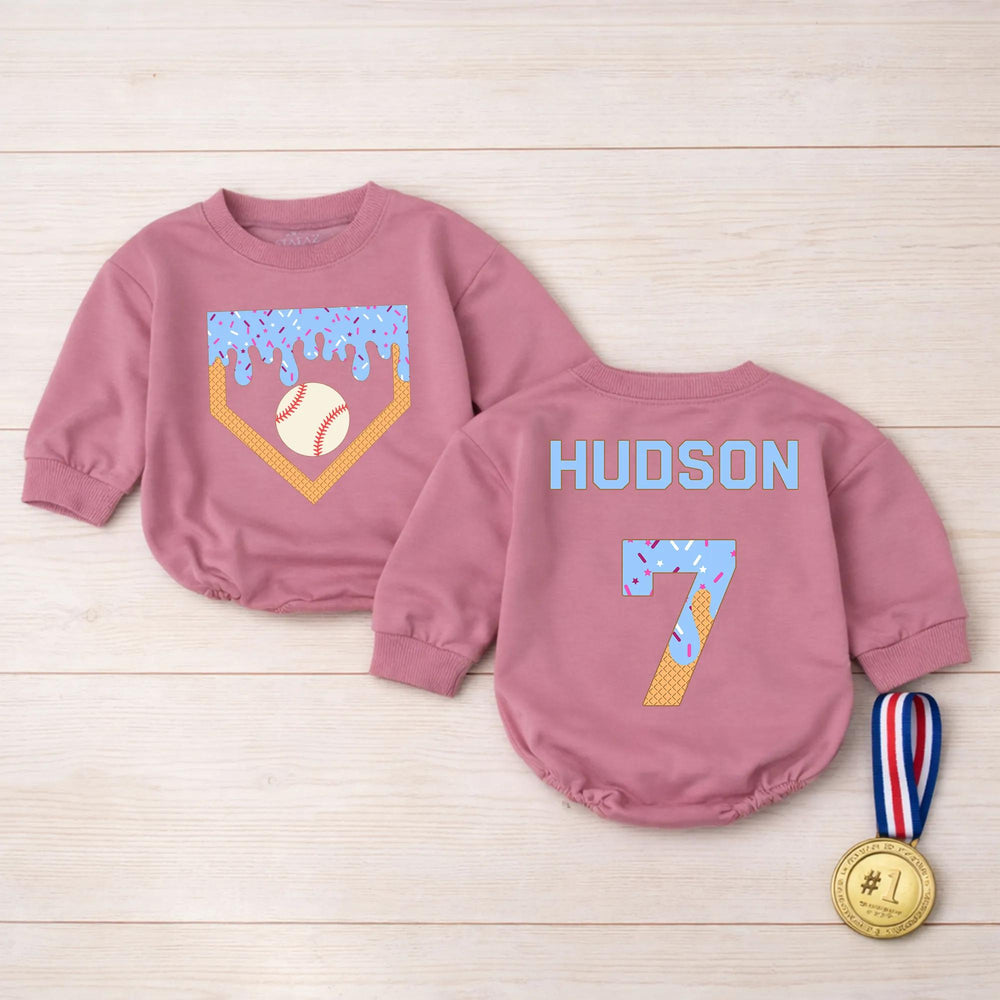 Personalized Baby Baseball Romper with Name and Number, Cute Ice Cream Drip Sports Outfit for Game Day, Soft Cotton Infant Bodysuit Gift