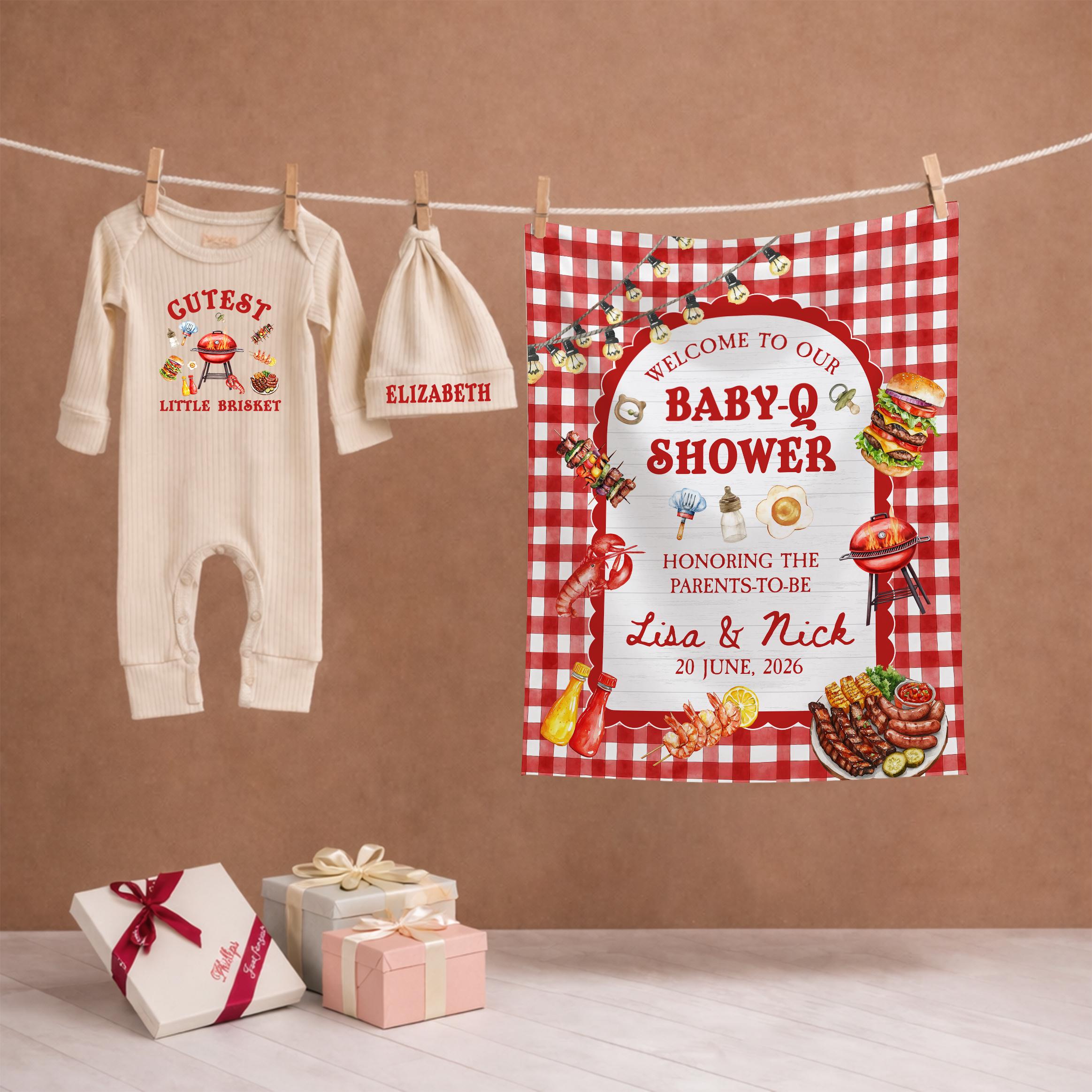 Personalized Baby BBQ Bodysuit and Sign Set for Summer Baby Shower Little Brisket Theme Gift with Custom Name Red Grill Design