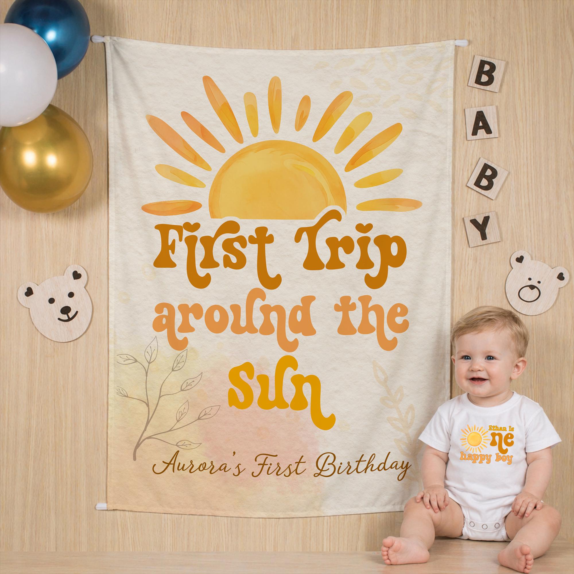 Personalized Baby Birthday Outfit Sun-Themed 1st Birthday Romper with Silk Banner Bright Yellow and Orange Happy Boy Celebration Gift