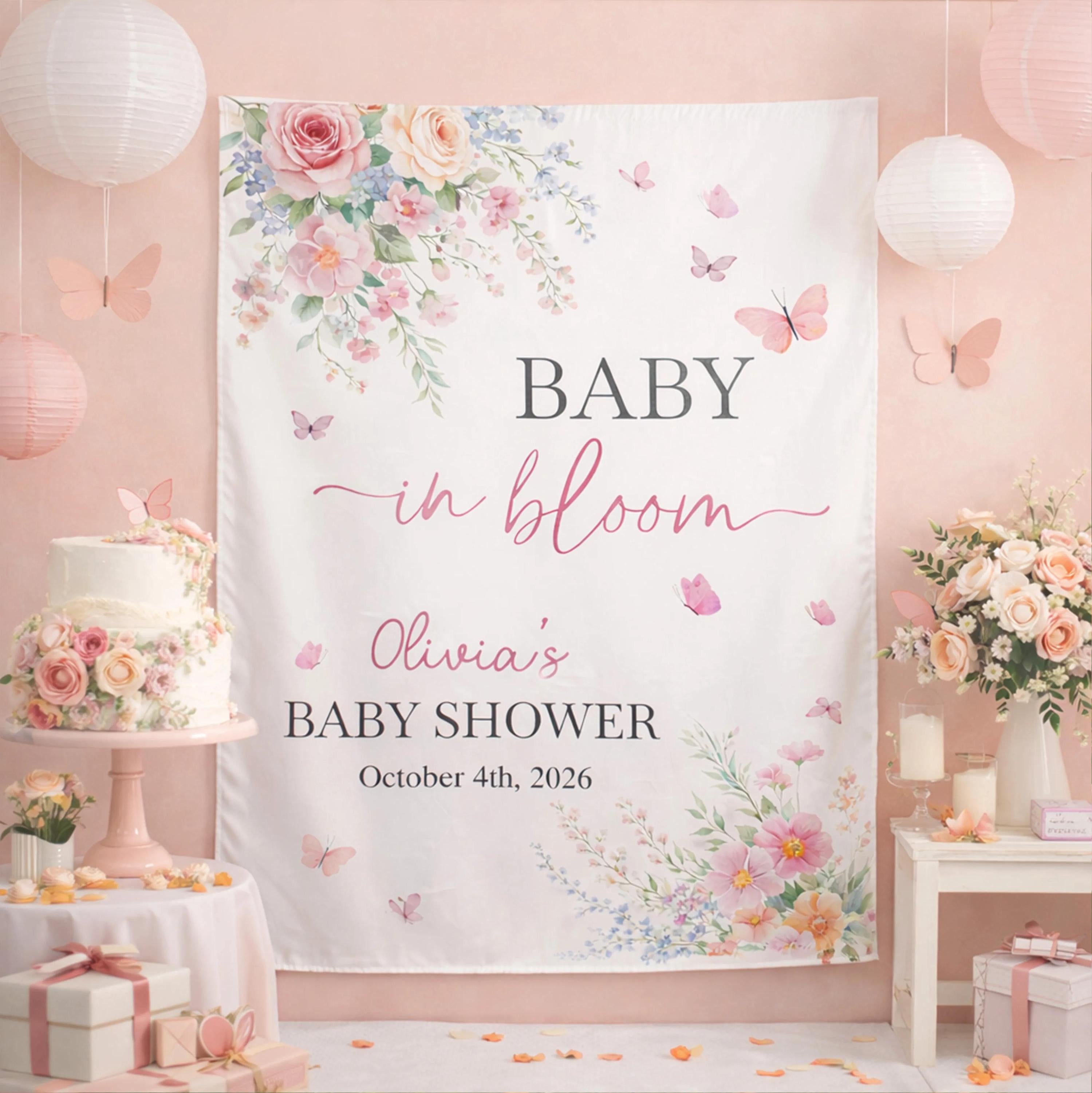 Personalized Baby in Bloom Silk Banner for Baby Girl Shower, Floral Butterfly Party Backdrop, Custom Wildflower Design with Name and Date