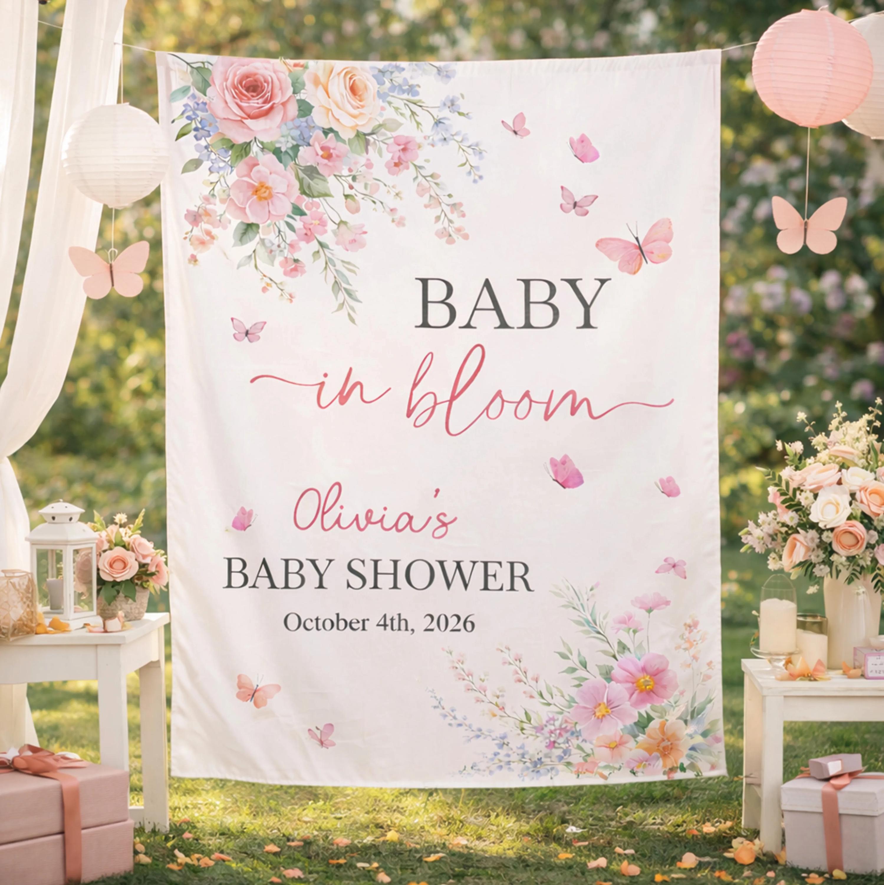 Personalized Baby in Bloom Silk Banner for Baby Girl Shower, Floral Butterfly Party Backdrop, Custom Wildflower Design with Name and Date