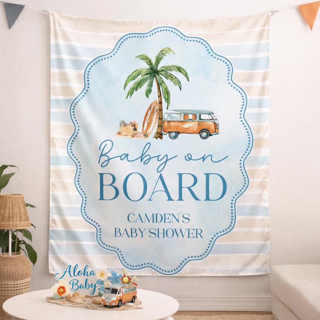 Personalized Baby on Board Silk Banner with Custom Name Beach Theme Baby Shower Decor for Boys, Coastal Vintage Party Backdrop Gift
