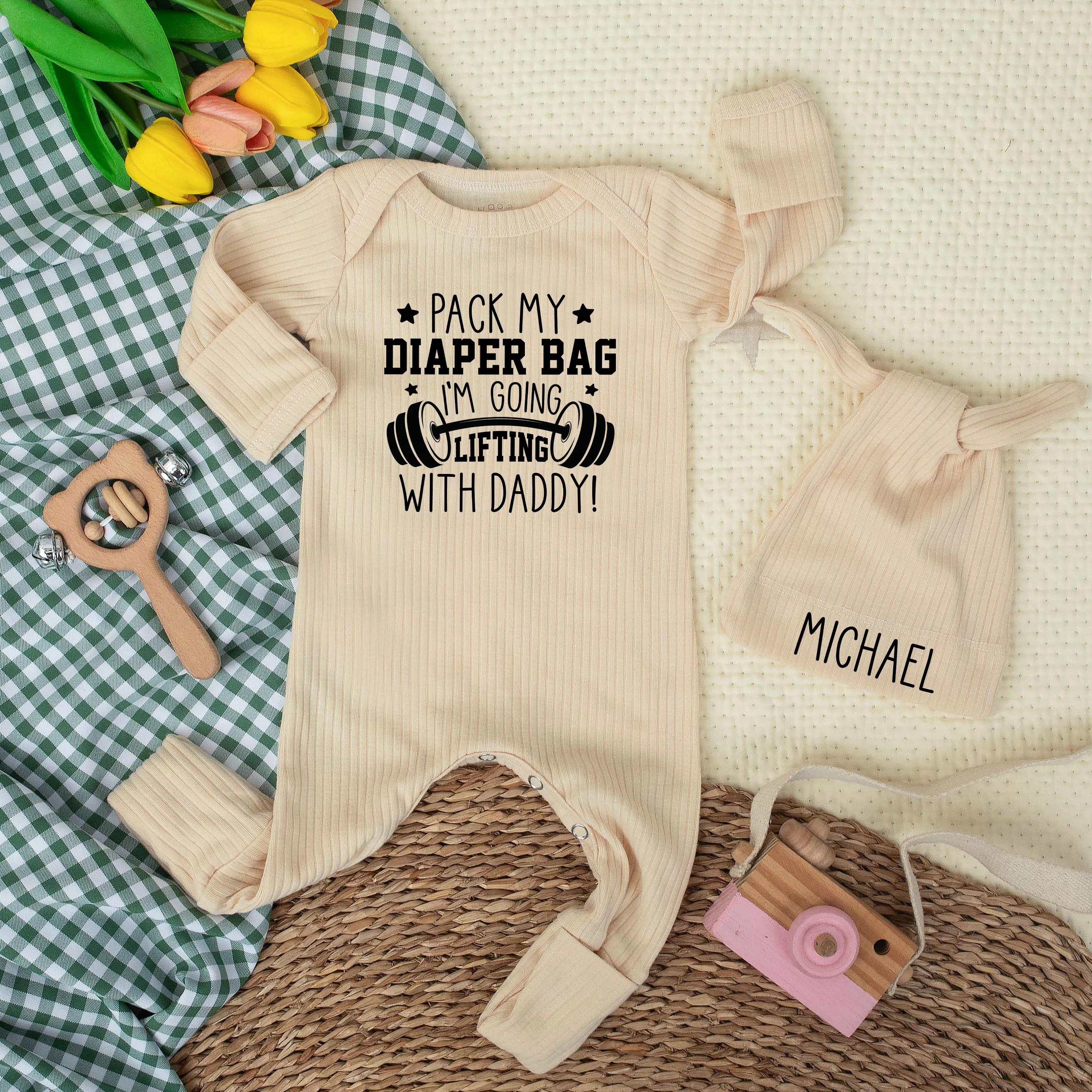 Personalized Baby Bodysuit with Barbell Design Pack My Diaper Bag I’m Going Lifting with Daddy Newborn Coming Home Outfit Gift