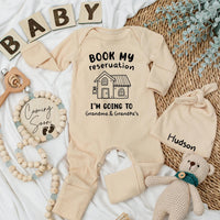 Personalized Baby Bodysuit Book My Reservation for Grandma and Grandpa's Cute House Design Newborn Gift Soft Cotton Outfit Fun Family Trip