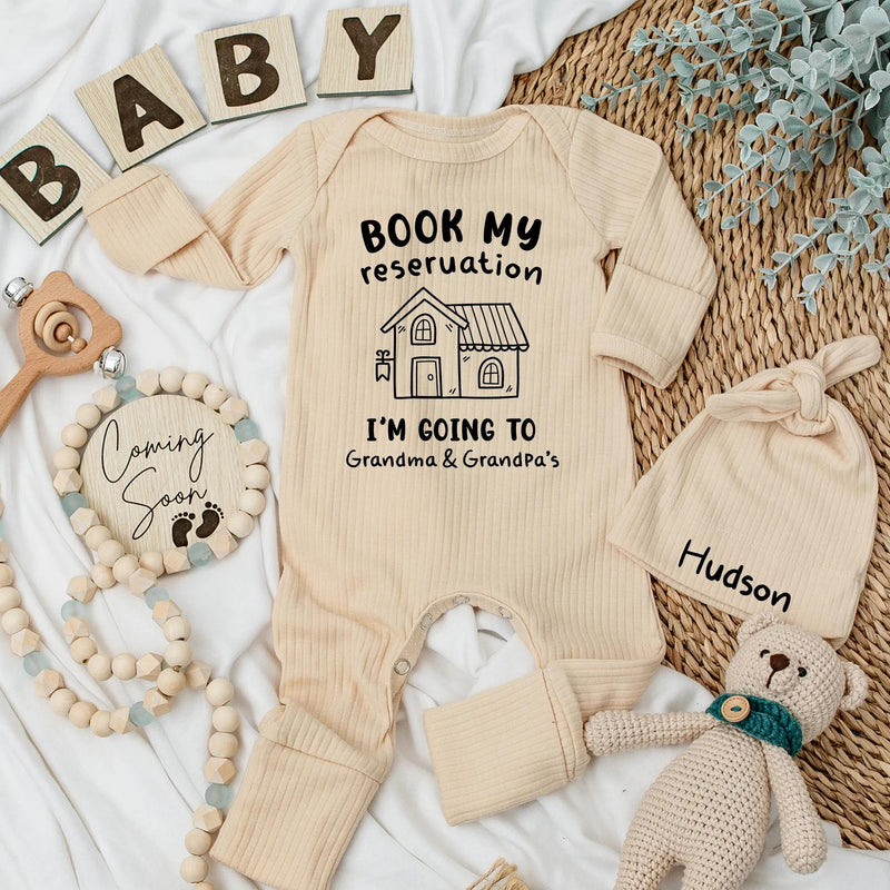 Personalized Baby Bodysuit Book My Reservation for Grandma and Grandpa's Cute House Design Newborn Gift Soft Cotton Outfit Fun Family Trip