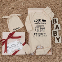 Personalized Baby Bodysuit Book My Reservation for Grandma and Grandpa's Cute House Design Newborn Gift Soft Cotton Outfit Fun Family Trip