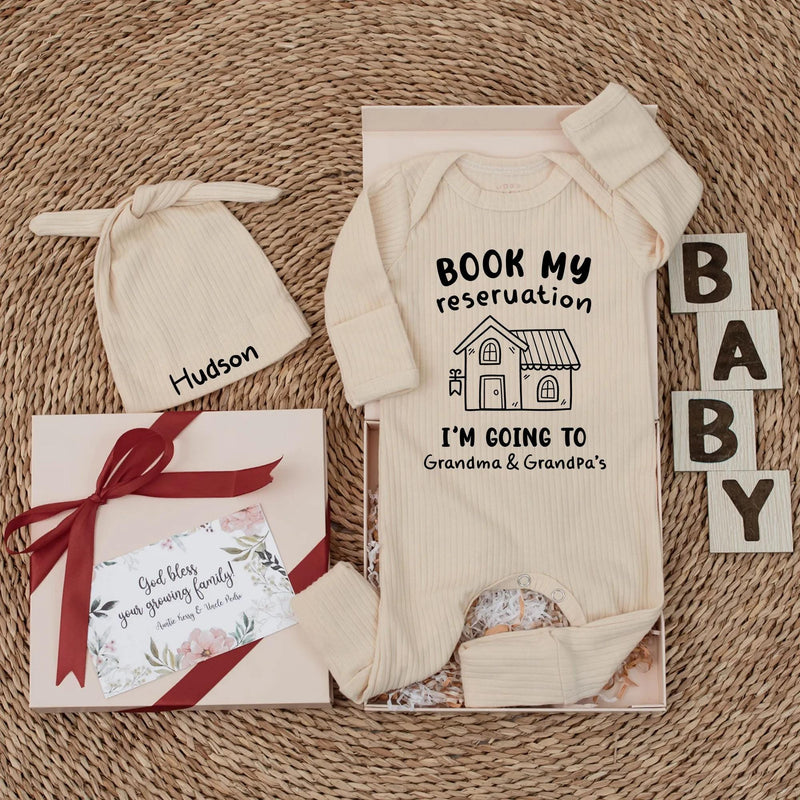Personalized Baby Bodysuit Book My Reservation for Grandma and Grandpa's Cute House Design Newborn Gift Soft Cotton Outfit Fun Family Trip