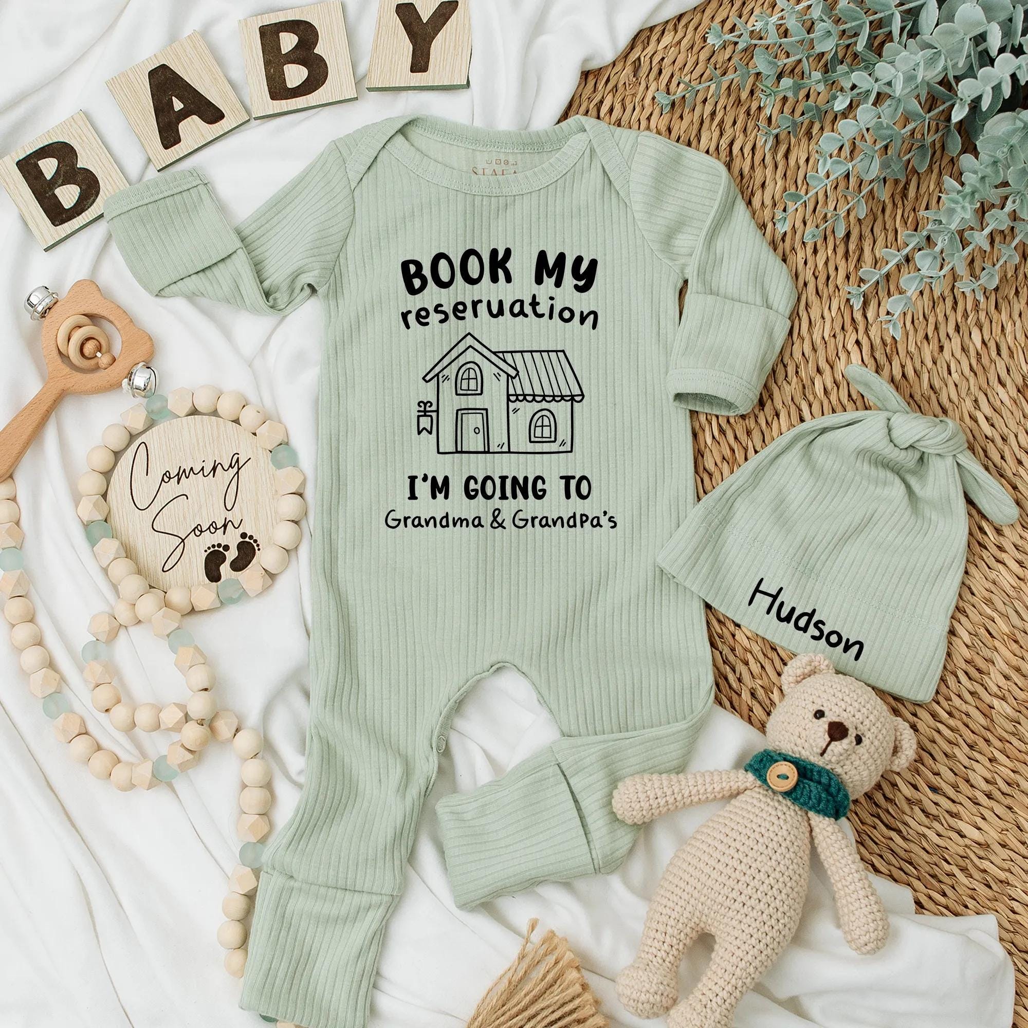 Personalized Baby Bodysuit Book My Reservation for Grandma and Grandpa's Cute House Design Newborn Gift Soft Cotton Outfit Fun Family Trip