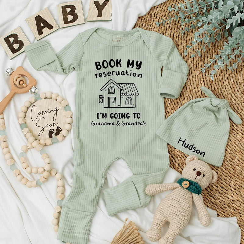 Personalized Baby Bodysuit Book My Reservation for Grandma and Grandpa's Cute House Design Newborn Gift Soft Cotton Outfit Fun Family Trip