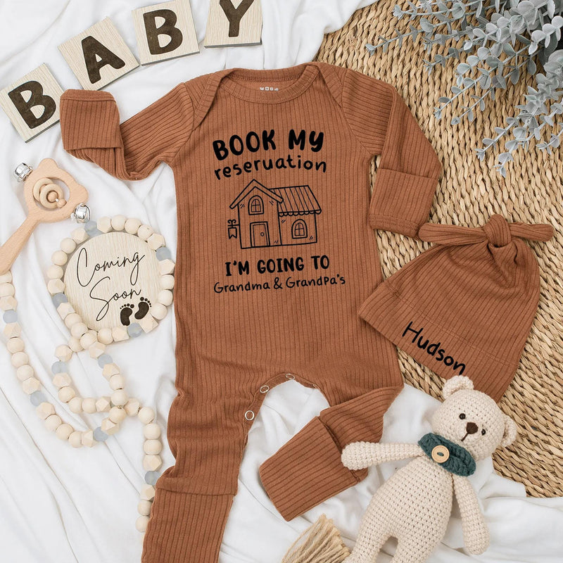 Personalized Baby Bodysuit Book My Reservation for Grandma and Grandpa's Cute House Design Newborn Gift Soft Cotton Outfit Fun Family Trip