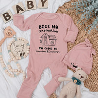 Personalized Baby Bodysuit Book My Reservation for Grandma and Grandpa's Cute House Design Newborn Gift Soft Cotton Outfit Fun Family Trip
