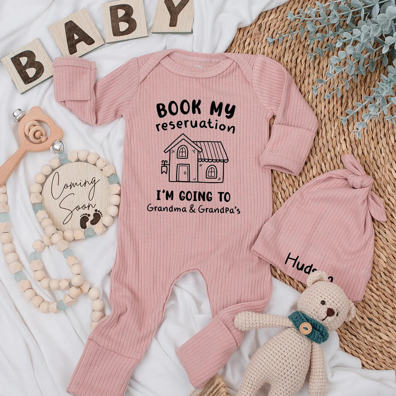 Personalized Baby Bodysuit Book My Reservation for Grandma and Grandpa's Cute House Design Newborn Gift Soft Cotton Outfit Fun Family Trip