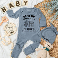 Personalized Baby Bodysuit Book My Reservation for Grandma and Grandpa's Cute House Design Newborn Gift Soft Cotton Outfit Fun Family Trip