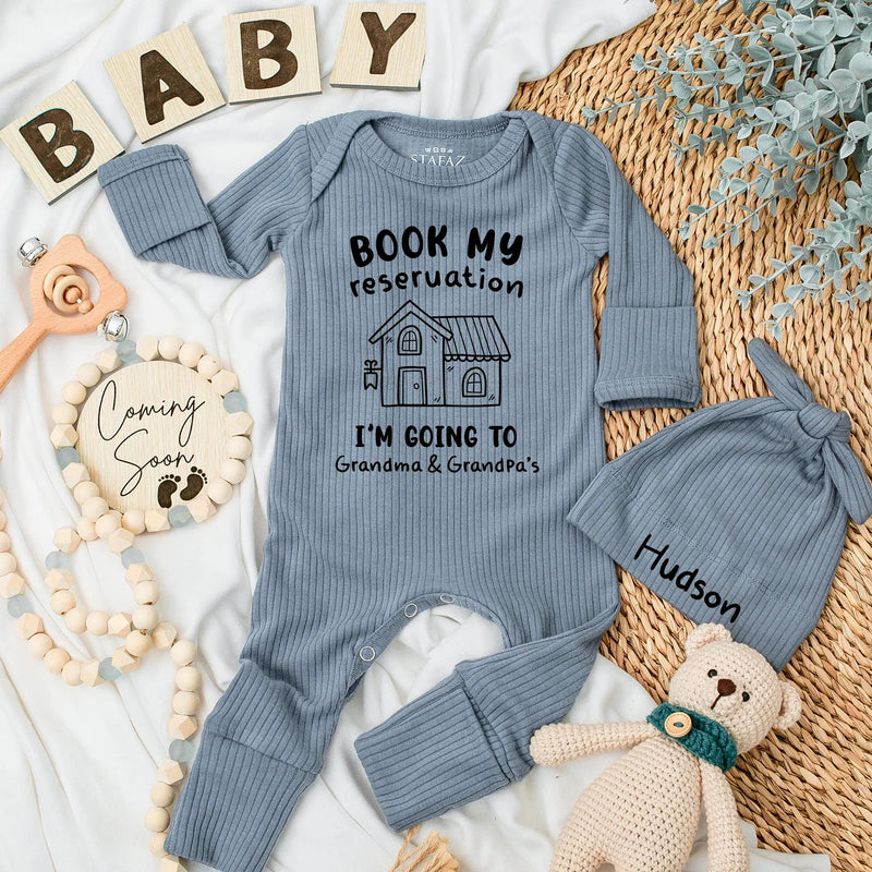 Personalized Baby Bodysuit Book My Reservation for Grandma and Grandpa's Cute House Design Newborn Gift Soft Cotton Outfit Fun Family Trip