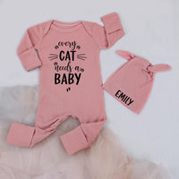 Personalized Baby Bodysuit with 'Every Cat Needs a Baby' Quote, Cute Pink Outfit with Hat, Soft Cotton, Perfect for Baby Shower or Gift
