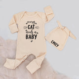 Personalized Baby Bodysuit with 'Every Cat Needs a Baby' Quote, Cute Pink Outfit with Hat, Soft Cotton, Perfect for Baby Shower or Gift
