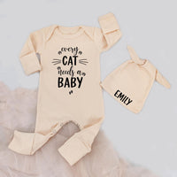 Personalized Baby Bodysuit with 'Every Cat Needs a Baby' Quote, Cute Pink Outfit with Hat, Soft Cotton, Perfect for Baby Shower or Gift