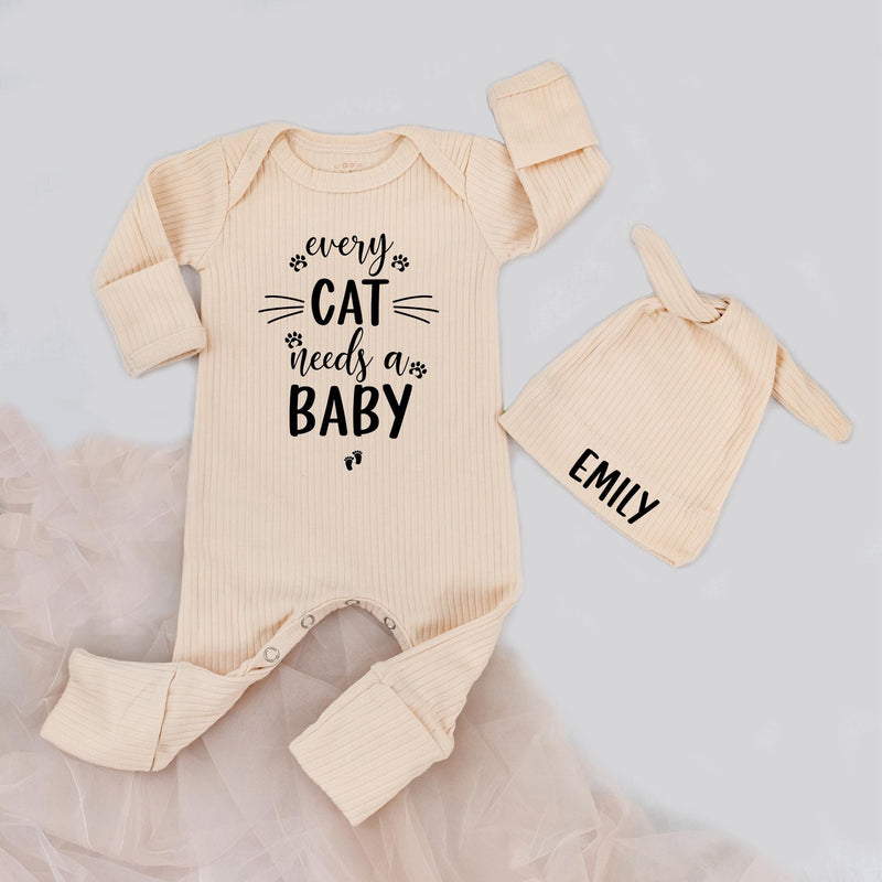 Personalized Baby Bodysuit with 'Every Cat Needs a Baby' Quote, Cute Pink Outfit with Hat, Soft Cotton, Perfect for Baby Shower or Gift