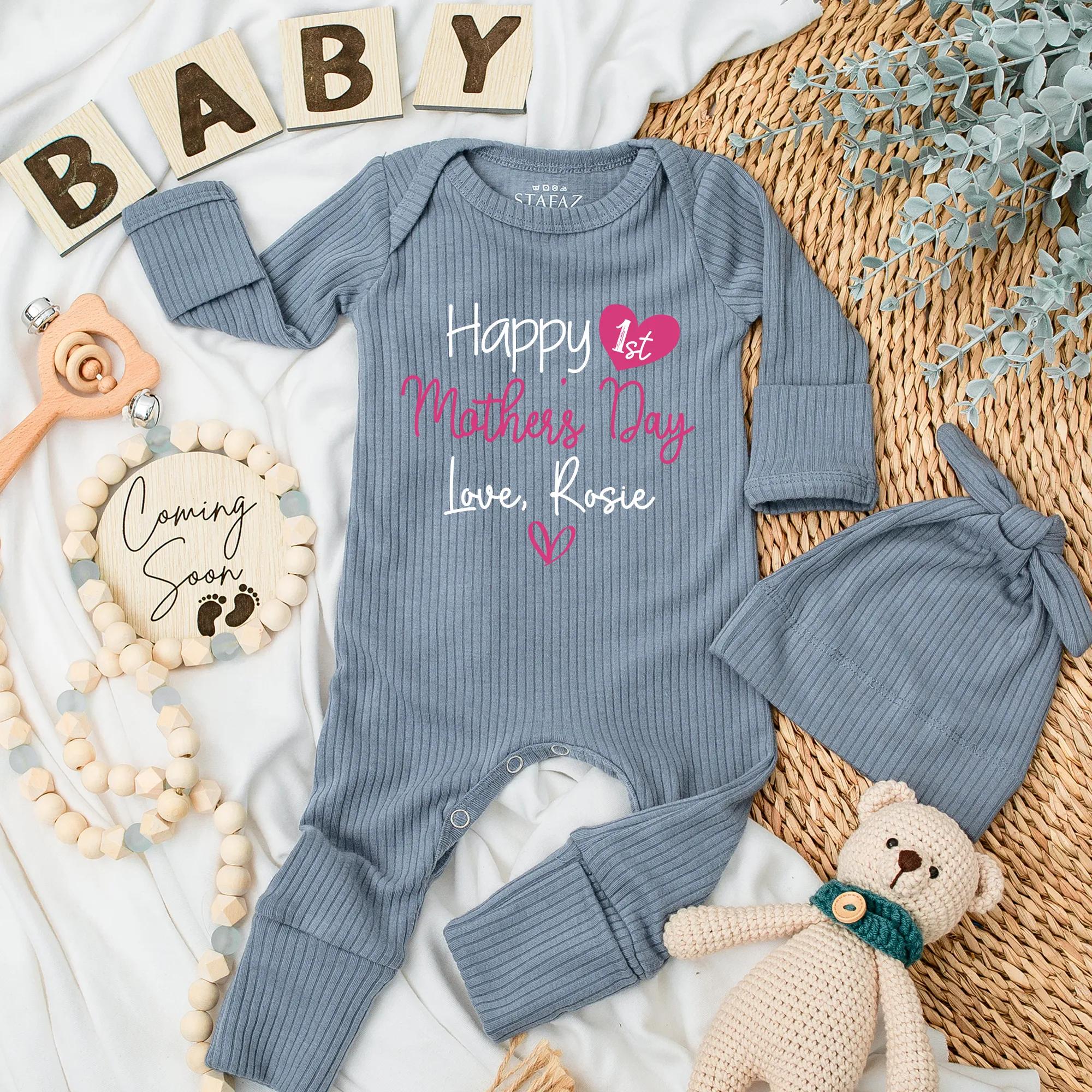 Personalized Baby Bodysuit First Mother's Day Outfit with Pink Heart and Love Rosie Message Custom Newborn Gift Soft Cotton