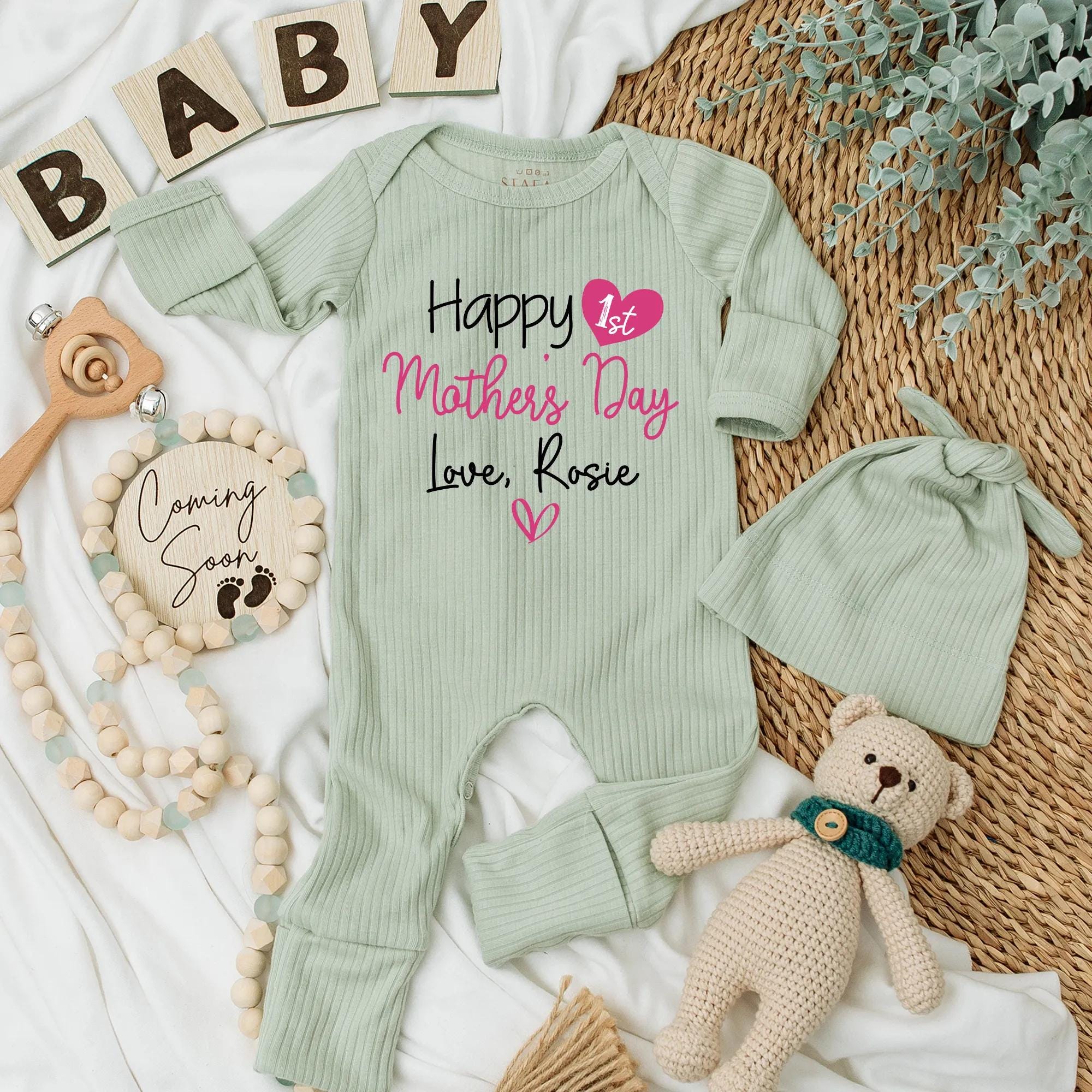 Personalized Baby Bodysuit First Mother's Day Outfit with Pink Heart and Love Rosie Message Custom Newborn Gift Soft Cotton
