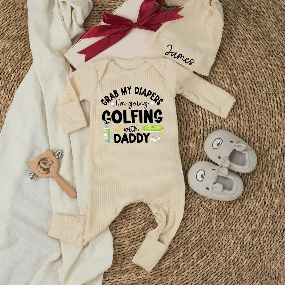 Personalized Baby Bodysuit Grab My Diapers I'm Going Golfing with Daddy Gift, Infant Cotton Outfit Fun Cartoon Design Newborn Clothes