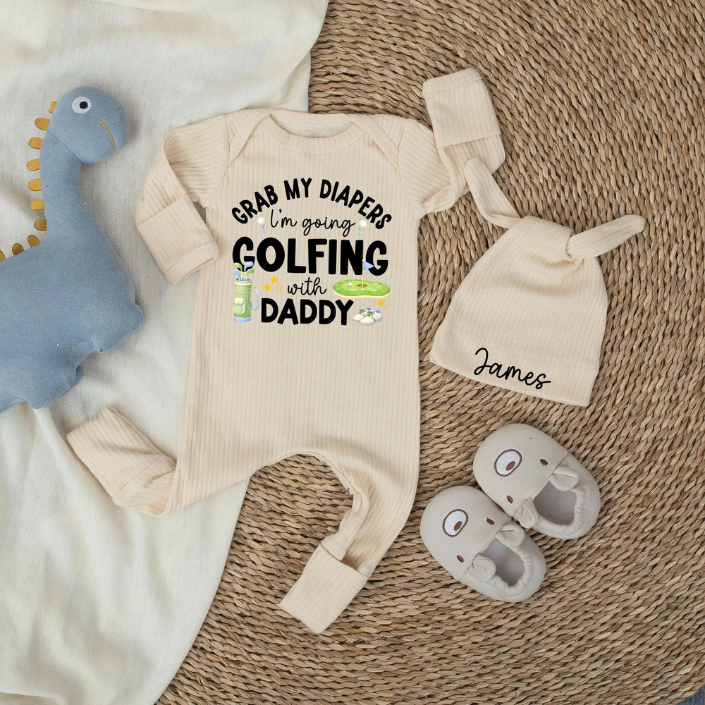 Personalized Baby Bodysuit Grab My Diapers I'm Going Golfing with Daddy Gift, Infant Cotton Outfit Fun Cartoon Design Newborn Clothes