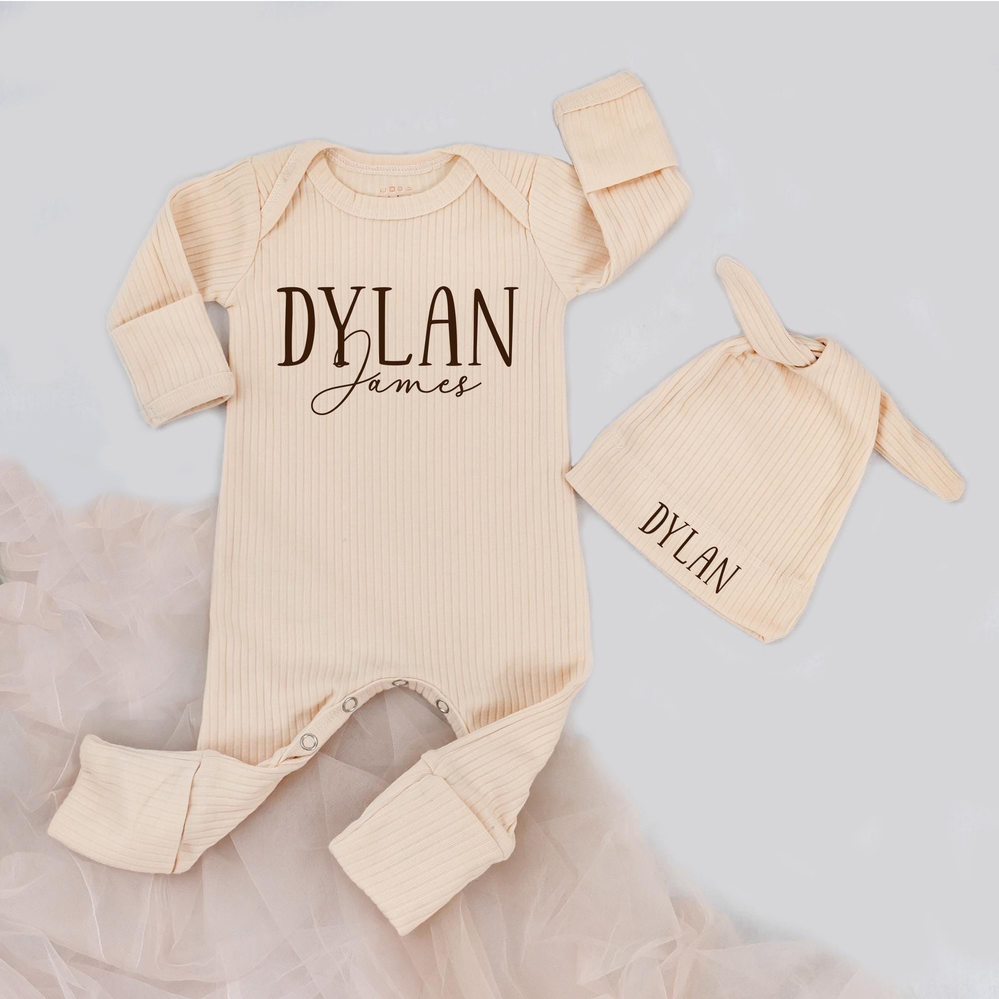 Personalized Baby Bodysuit and Hat Set Dylan James Modern Dark Brown Design Newborn Coming Home Outfit Custom Name Cotton Baby Boy Gift
