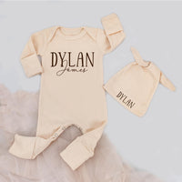 Personalized Baby Bodysuit and Hat Set Dylan James Modern Dark Brown Design Newborn Coming Home Outfit Custom Name Cotton Baby Boy Gift