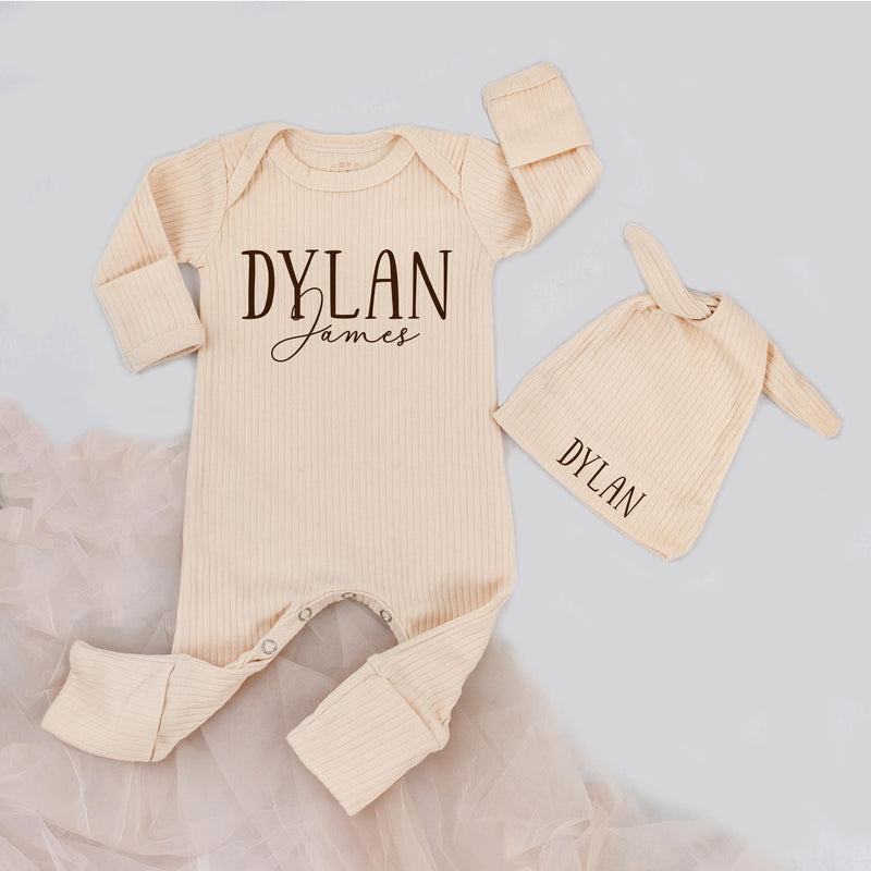 Personalized Baby Bodysuit and Hat Set Dylan James Modern Dark Brown Design Newborn Coming Home Outfit Custom Name Cotton Baby Boy Gift