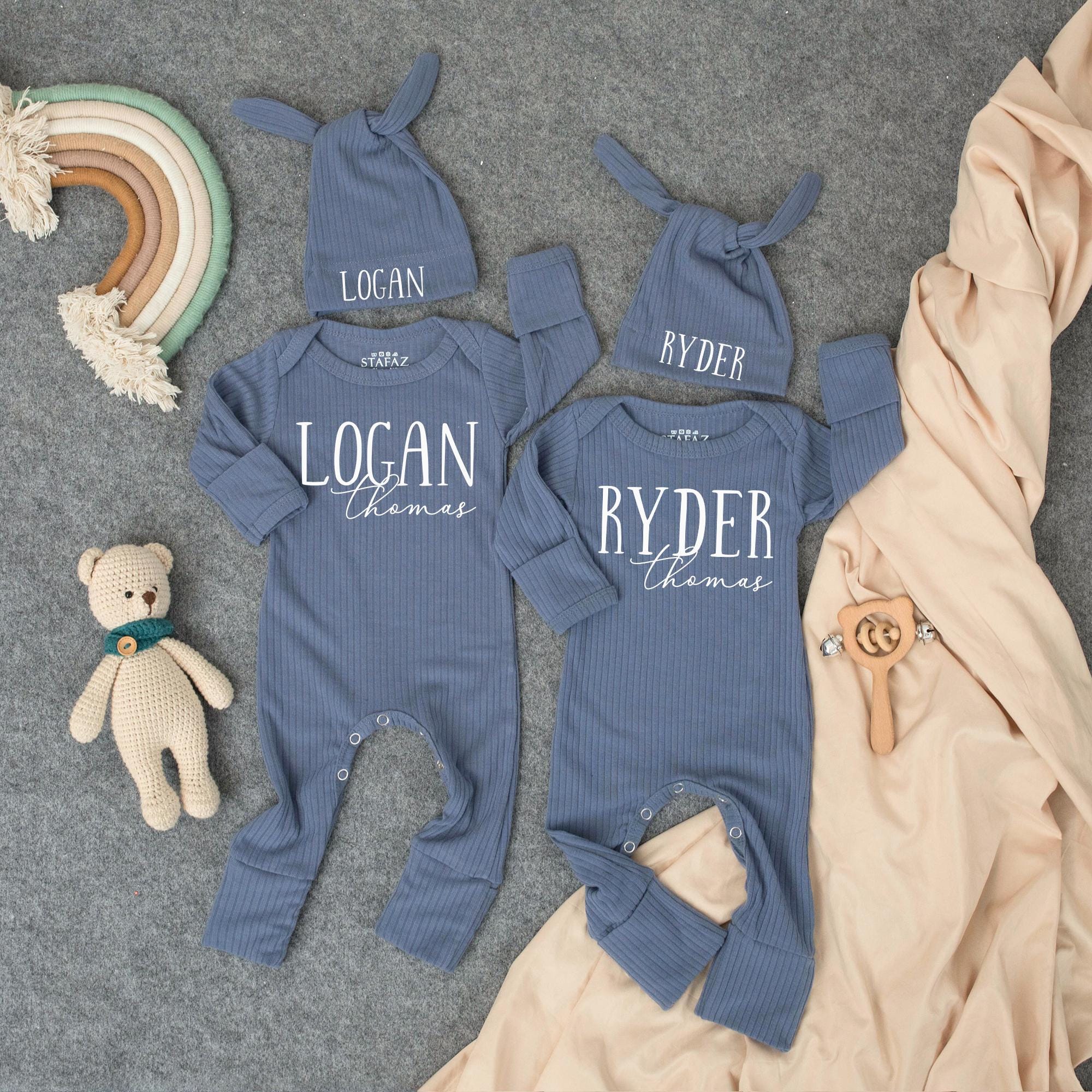 Personalized Baby Bodysuit and Hat Set with First and Middle Name, Soft Blue Coming Home Outfit, Modern Twin Baby Clothes for Announcement